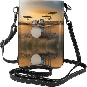 Music Drum in Field Pattern Leather Crossbody Flap Phone Bag - Versatile Gift for Women Walking, Camping, Shopping, and Travel
