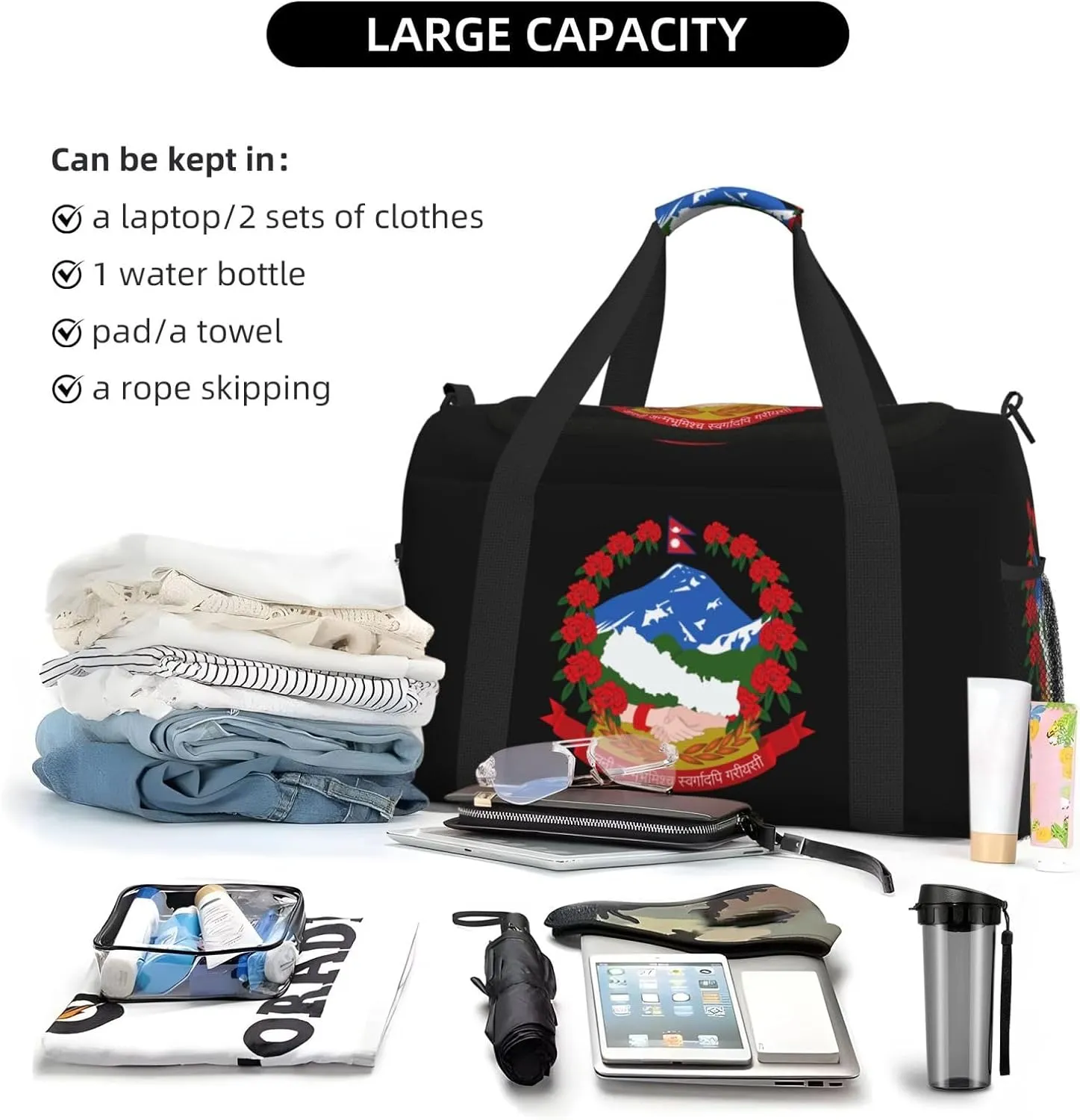 National Emblem Of Nepal Travel Duffel Bag Large Foldable Waterproof Overnight Bag For Beach Swim Bags Pool Sports Gym