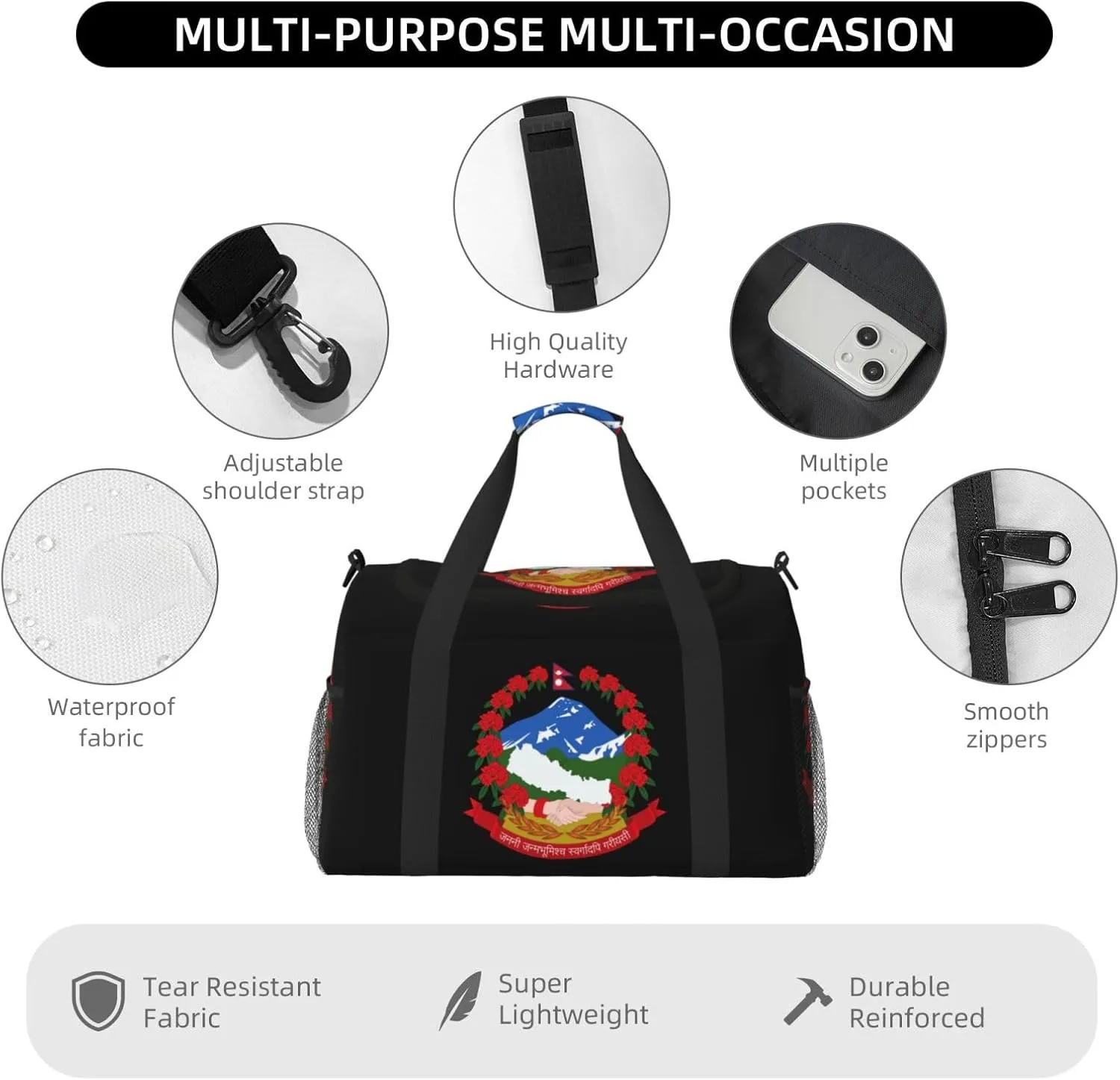National Emblem Of Nepal Travel Duffel Bag Large Foldable Waterproof Overnight Bag For Beach Swim Bags Pool Sports Gym