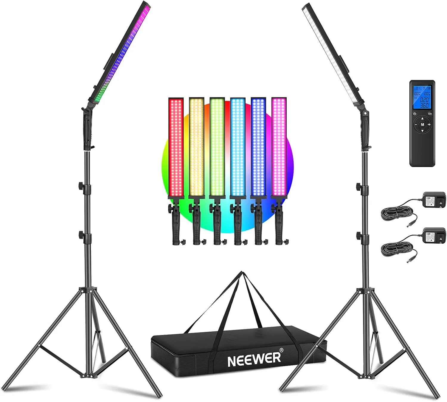 Neewer 2-Pack RGB LED Light Stick Kit, 21W Dimmable 3200K~5600K Bi-Color Handheld Light with 2.4G Remote/360° Full Color/CRI 95 /10 Scenes/Stand/Bag for YouTube and Studio Photography