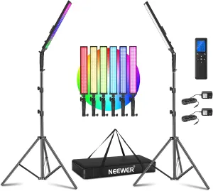 Neewer 2-Pack RGB LED Light Stick Kit, 21W Dimmable 3200K~5600K Bi-Color Handheld Light with 2.4G Remote/360° Full Color/CRI 95 /10 Scenes/Stand/Bag for YouTube and Studio Photography
