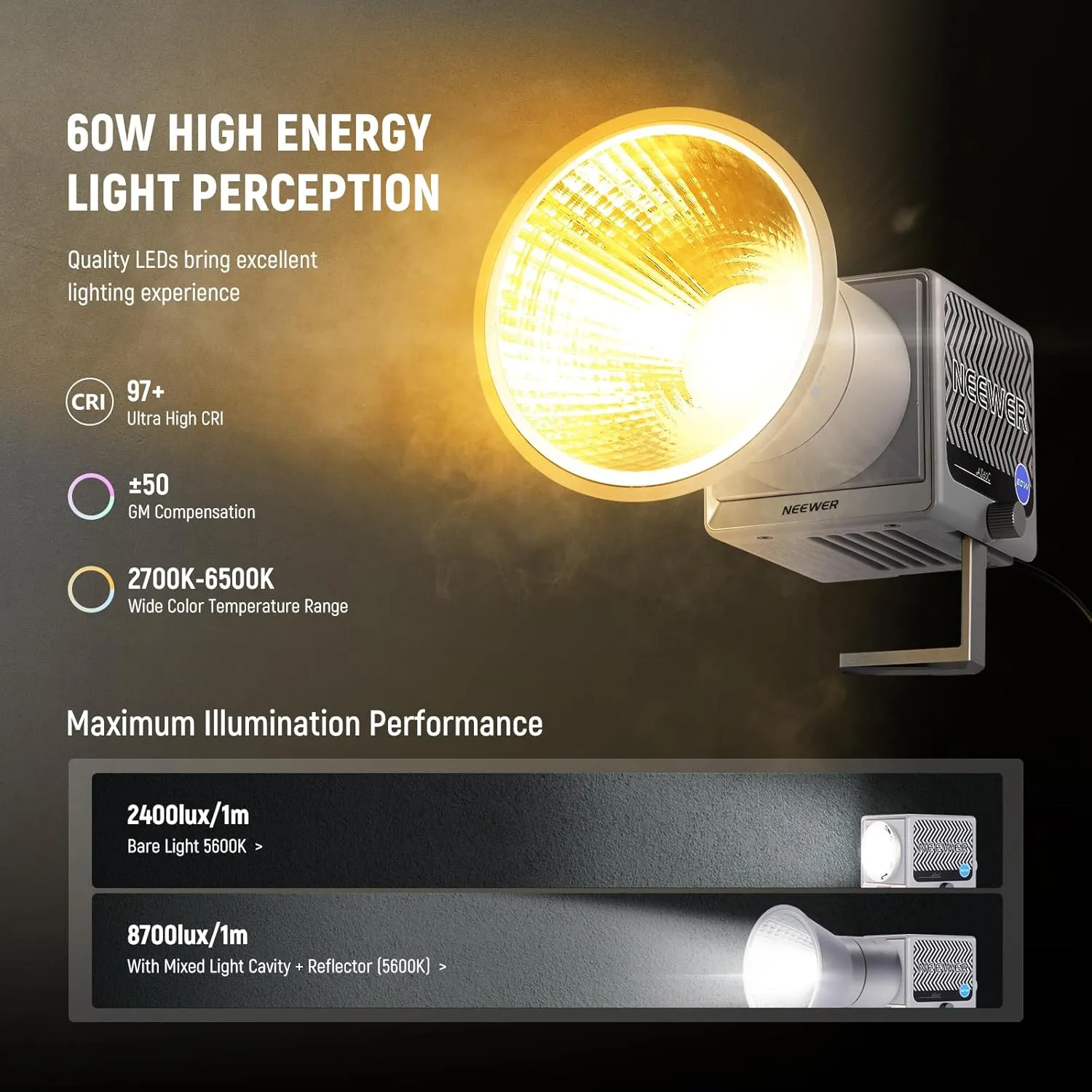 NEEWER 60W Portable RGB LED Video Light Handheld Fill Light, APP/2.4G/Panel Control 18 Scenes 8700Lux/1m 2700-6500K CRI97  Dimmable COB Continuous Output Lighting for Video Recording Streaming, HS60C