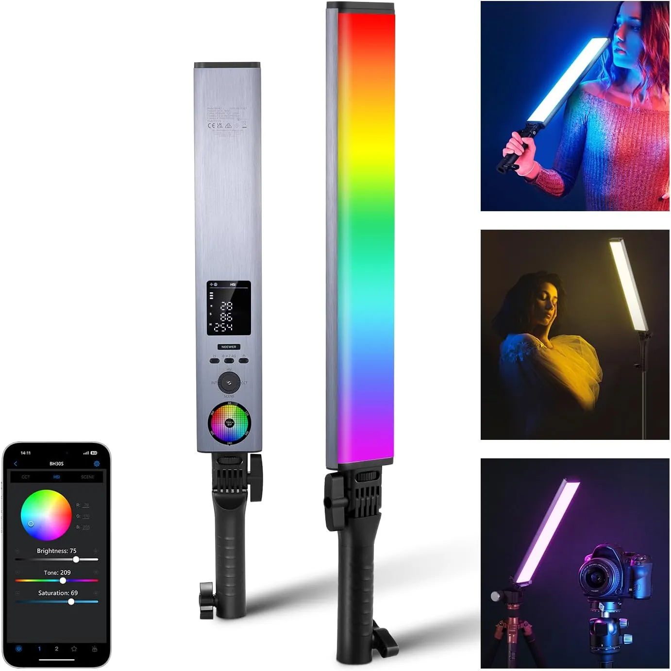 NEEWER RGB Light Wand with 2.4G/APP Control, Upgraded 360° Touchable RGBWW Hue Mixer Photography Handheld LED Video Lighting Stick with 2500K-10000K, CRI/TLCI97 , 18 Scenes, 7.4V/31Wh Battery, BH-30S