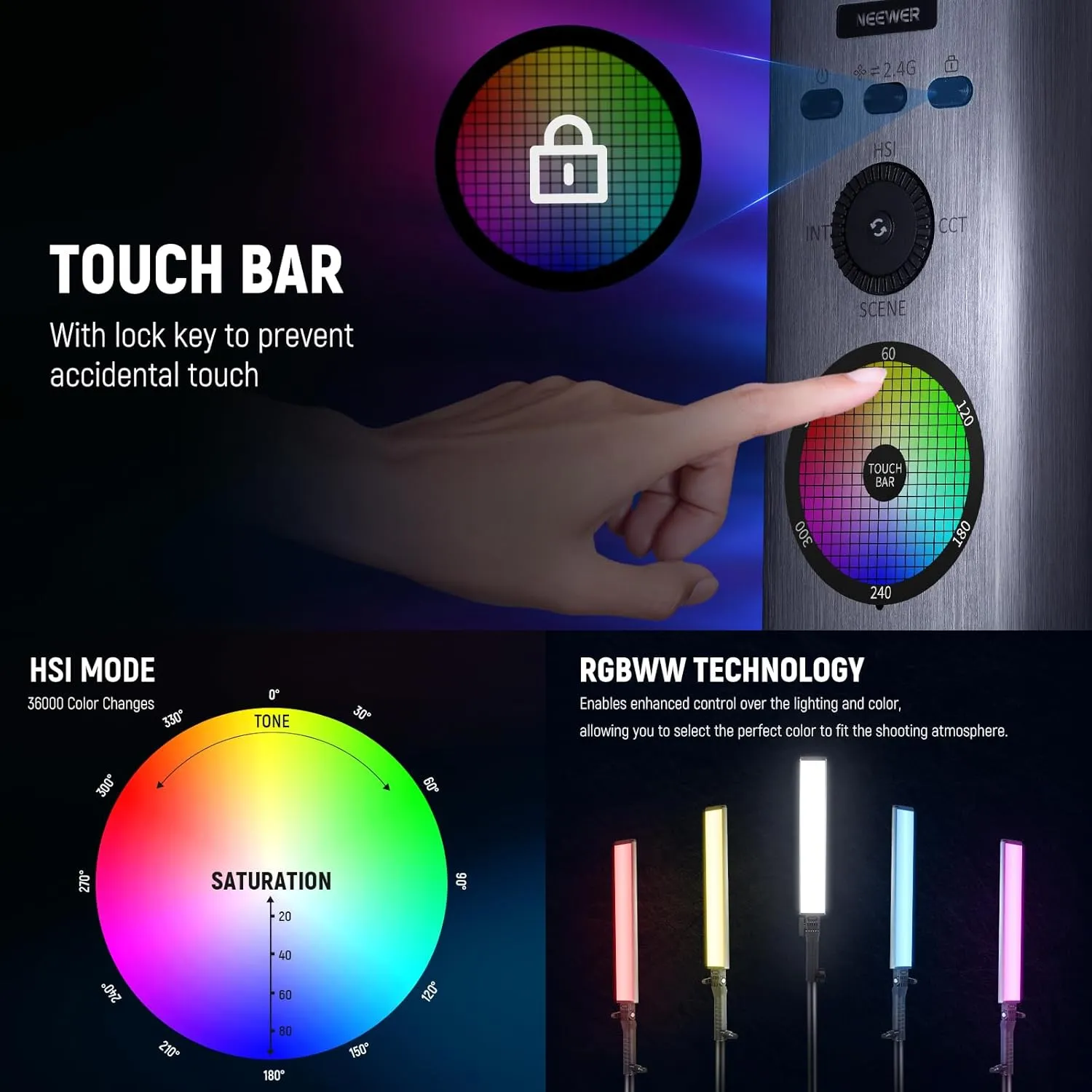 NEEWER RGB Light Wand with 2.4G/APP Control, Upgraded 360° Touchable RGBWW Hue Mixer Photography Handheld LED Video Lighting Stick with 2500K-10000K, CRI/TLCI97 , 18 Scenes, 7.4V/31Wh Battery, BH-30S