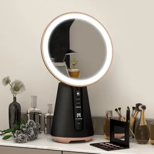NeuType Round Mirror Vanity Mirror with Lights, Lighted Makeup Mirror with 10X Magnification, Handheld LED Vanity Mirror with Smart Button, 180°Rotation, 3 Color Lighting Modes and Dimmable, Black