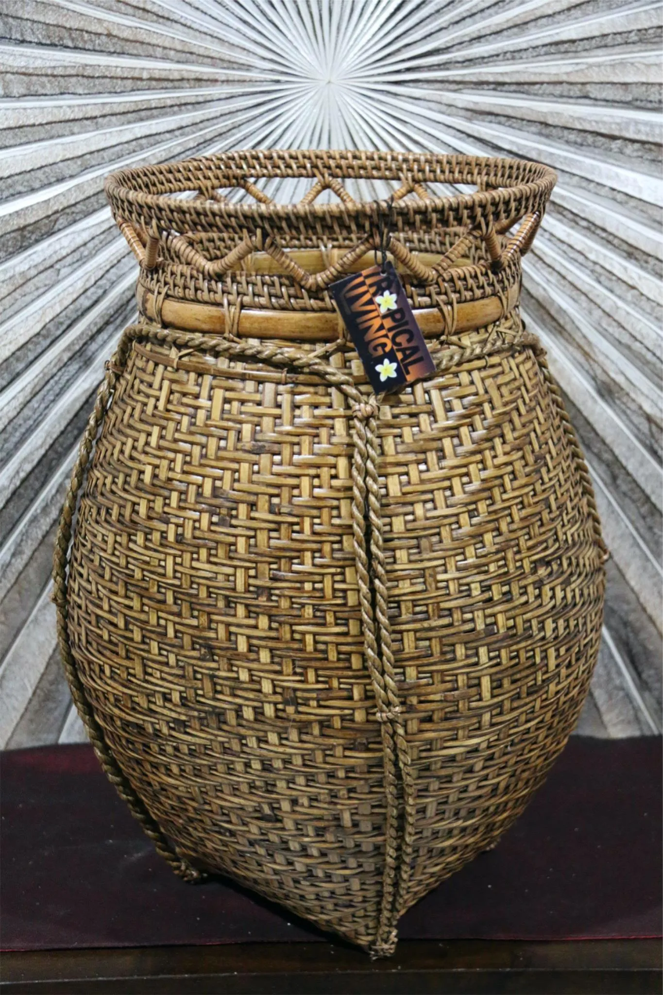 NEW BALINESE HAND WOVEN BAMBOO w/RATTAN TRIM OPEN BASKET