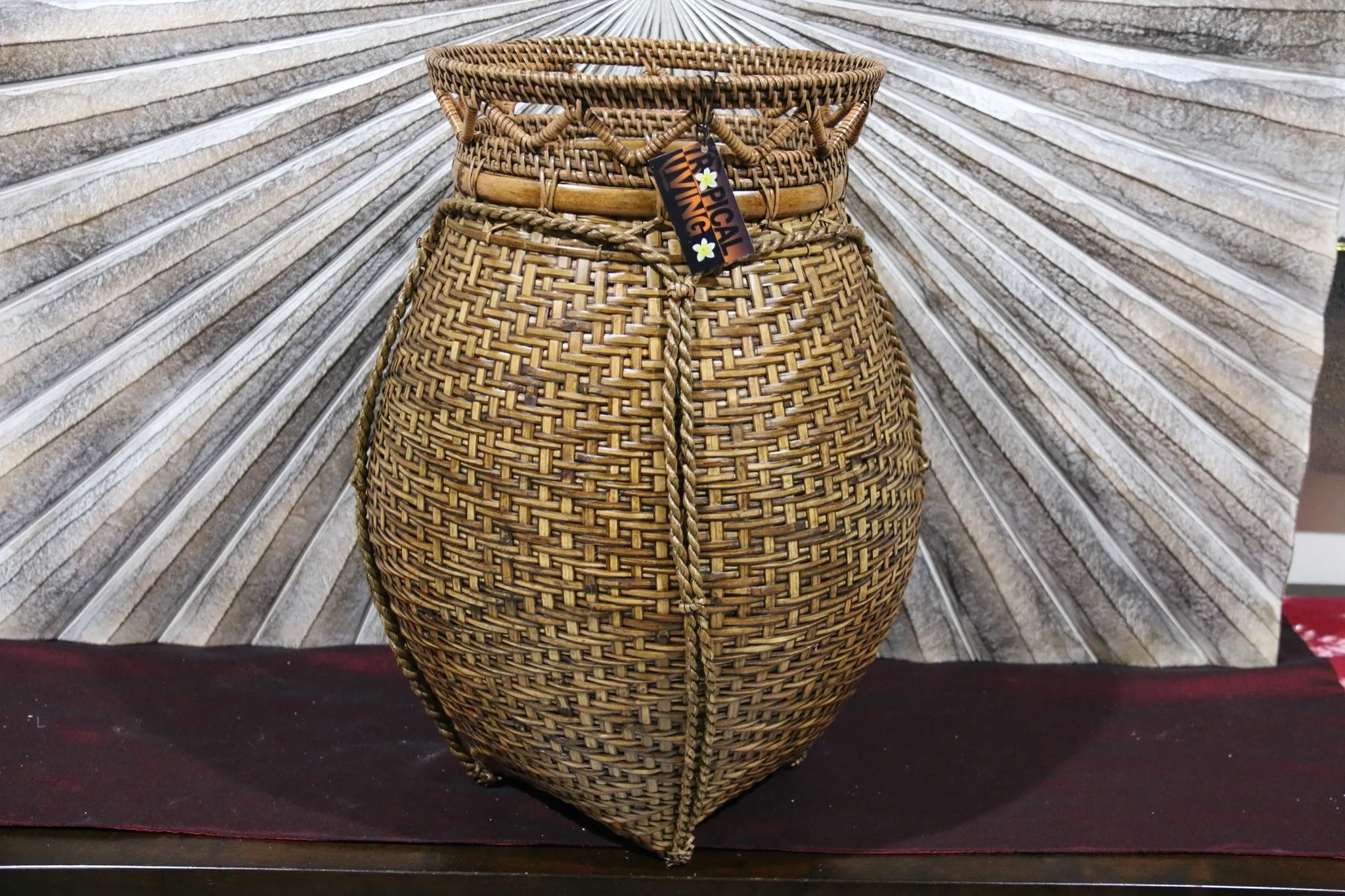 NEW BALINESE HAND WOVEN BAMBOO w/RATTAN TRIM OPEN BASKET