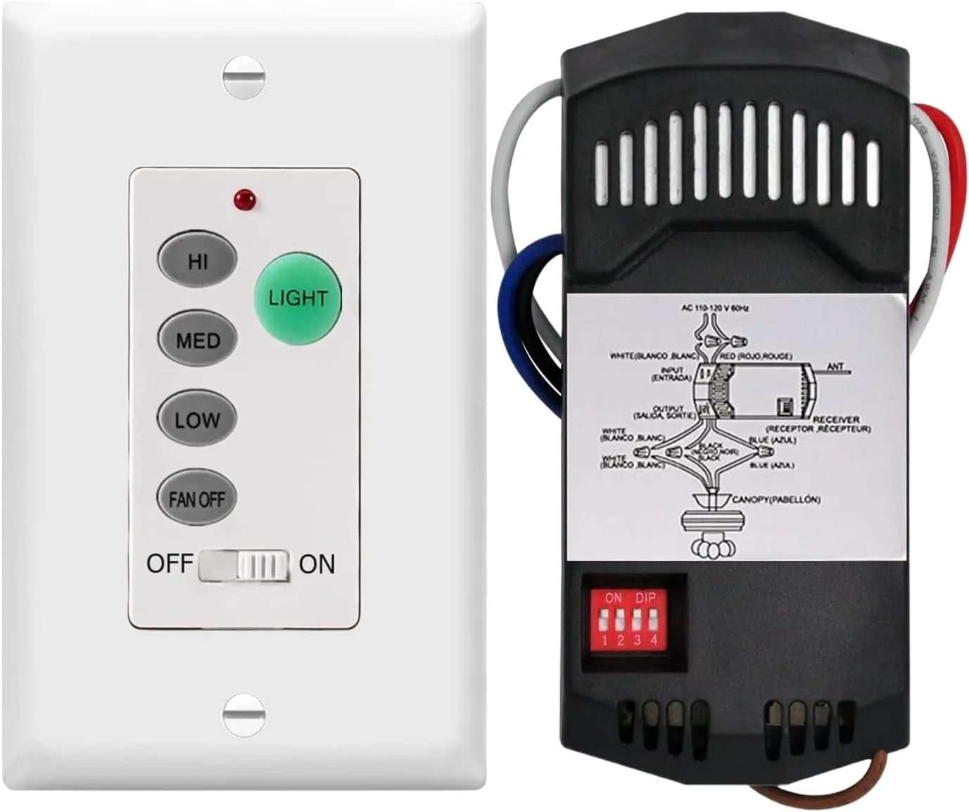 Nexete Universal Ceiling Fan & Light in Wall Remote Control Kit, 3 Speed, dimmer, 4-DIP Switch and Receiver Compatible with Hampton Bay Harbor Breeze Hunter (Remote & Receiver)