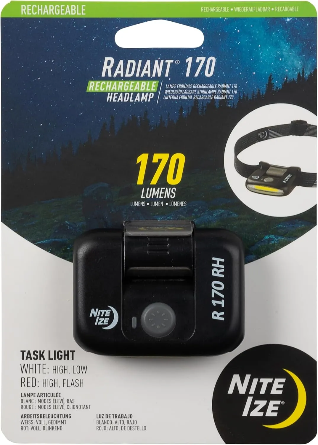 Nite Ize Radiant 170 Rechargeable Headlamp - Durable Headlamp with Rechargeable 170 Lumen Light - Great for Camping, Hiking & at-Home Projects - Black