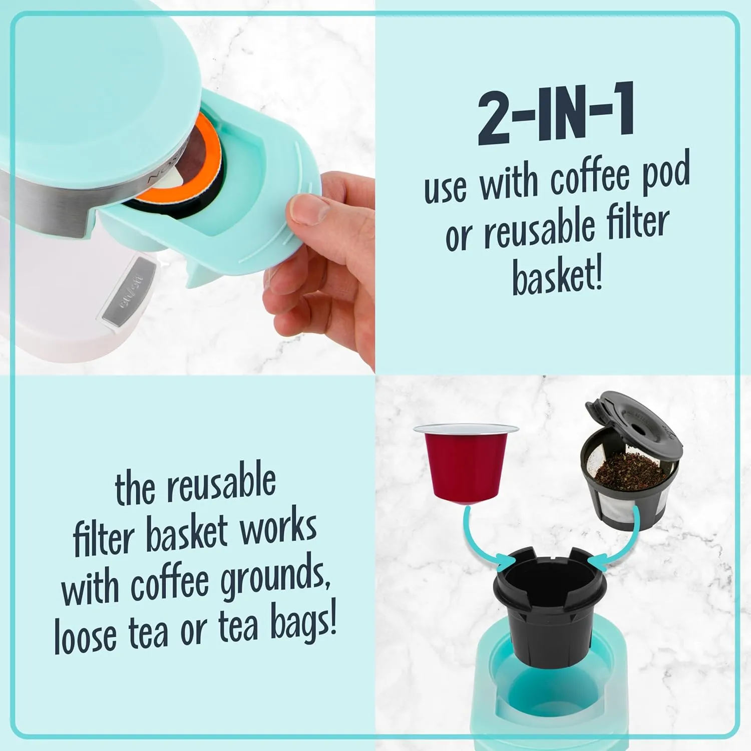 Nostalgia MyMini Single Coffee Maker, Brews K-Cup & Other Pods, Serves up to 14 Ounces, Tea, Chocolate, Hot Cider, Lattes, Reusable Filter Basket Included, Aqua