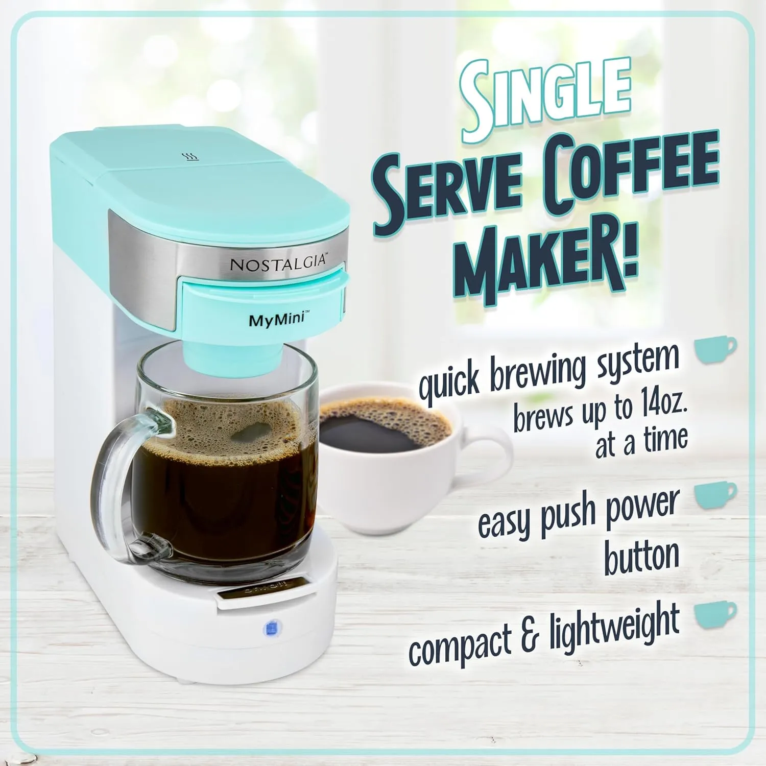 Nostalgia MyMini Single Coffee Maker, Brews K-Cup & Other Pods, Serves up to 14 Ounces, Tea, Chocolate, Hot Cider, Lattes, Reusable Filter Basket Included, Aqua