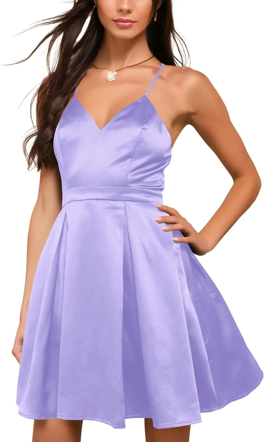 Nova In Sky Women's Cocktail Dress Sexy V Neck Sleeveless Satin Pleated A Line Work Formal Wedding Guest Party Dress Purple03 L