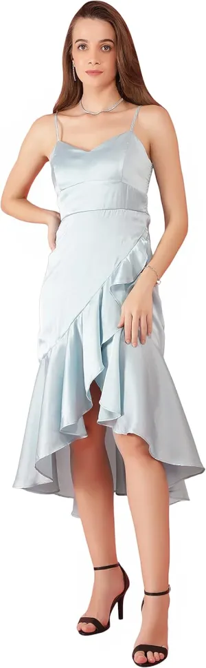 NUEVOSDAMAS Women's Satin Lycra Solid Frill Midi Dress, Cocktail Party Dresses, Sleeveless Cocktail midi Dresses
