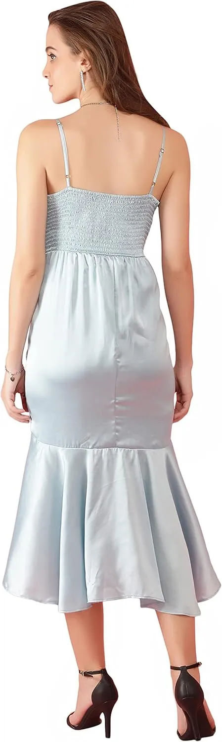 NUEVOSDAMAS Women's Satin Lycra Solid Frill Midi Dress, Cocktail Party Dresses, Sleeveless Cocktail midi Dresses
