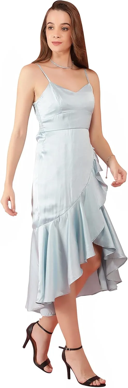 NUEVOSDAMAS Women's Satin Lycra Solid Frill Midi Dress, Cocktail Party Dresses, Sleeveless Cocktail midi Dresses