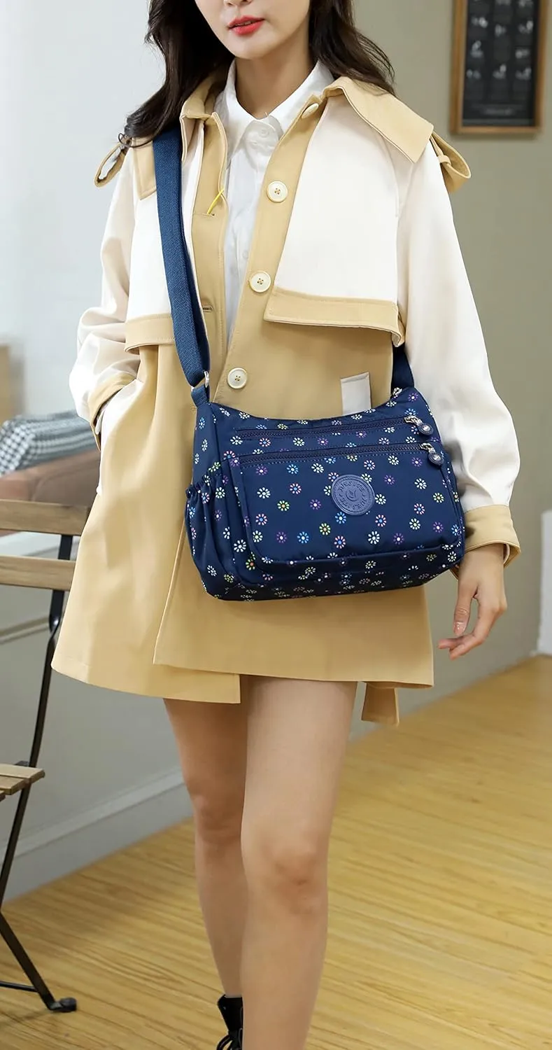 Nylon Floral Multi-Pocket Crossbody Purse Bags for Women Travel Shoulder Bag