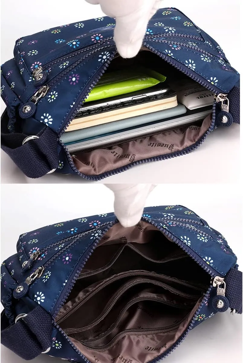 Nylon Floral Multi-Pocket Crossbody Purse Bags for Women Travel Shoulder Bag