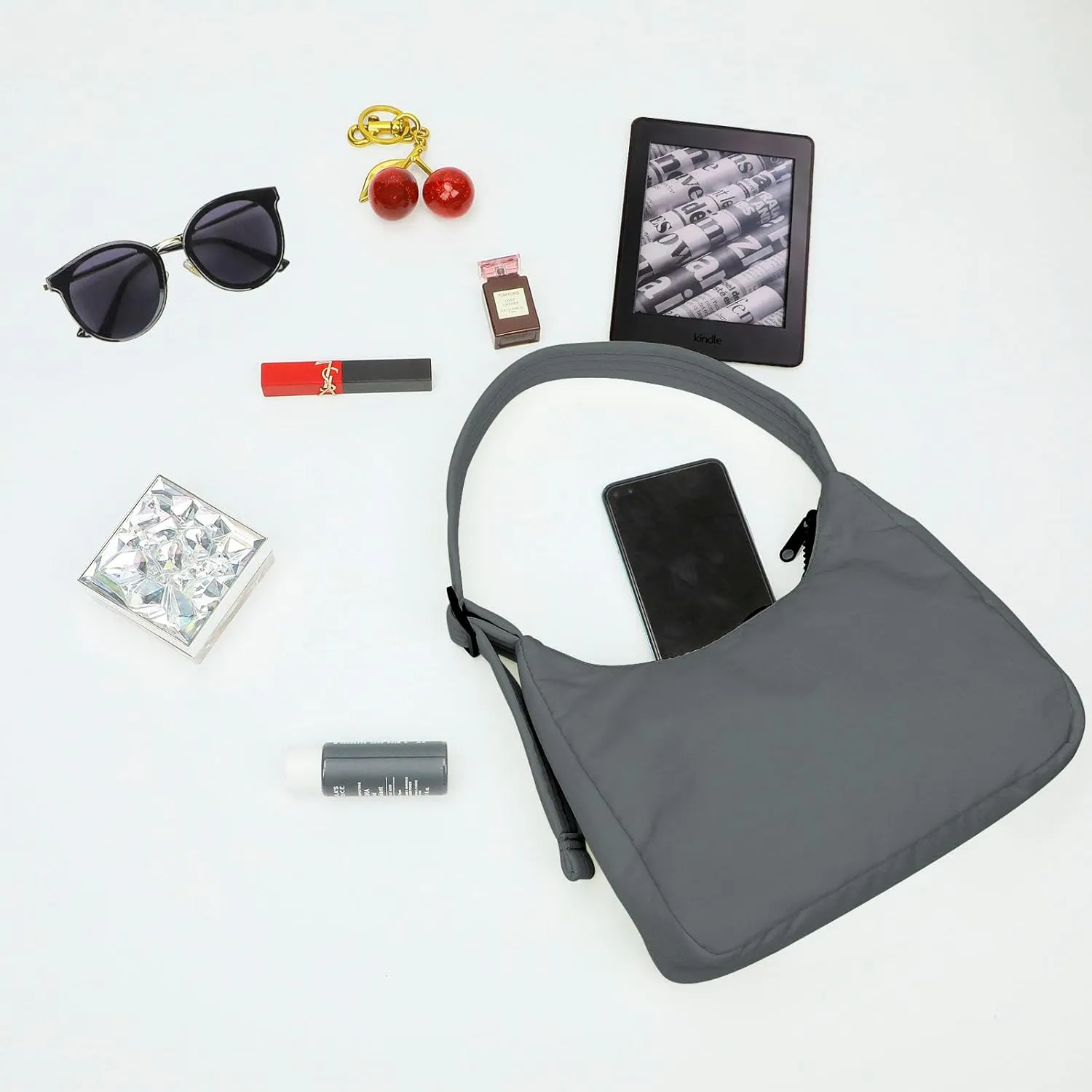 Nylon Shoulder Bag - Adjustable Quilted Strap, Structured Slouchy Design with Interior Zip Pocket
