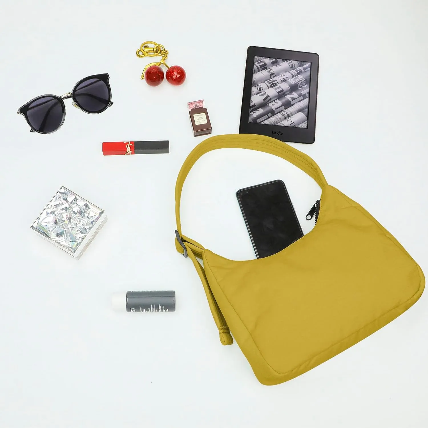 Nylon Shoulder Bag - Adjustable Quilted Strap, Structured Slouchy Design with Interior Zip Pocket
