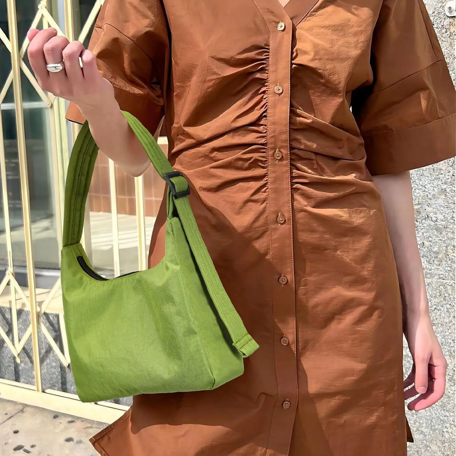 Nylon Shoulder Bag - Adjustable Quilted Strap, Structured Slouchy Design with Interior Zip Pocket