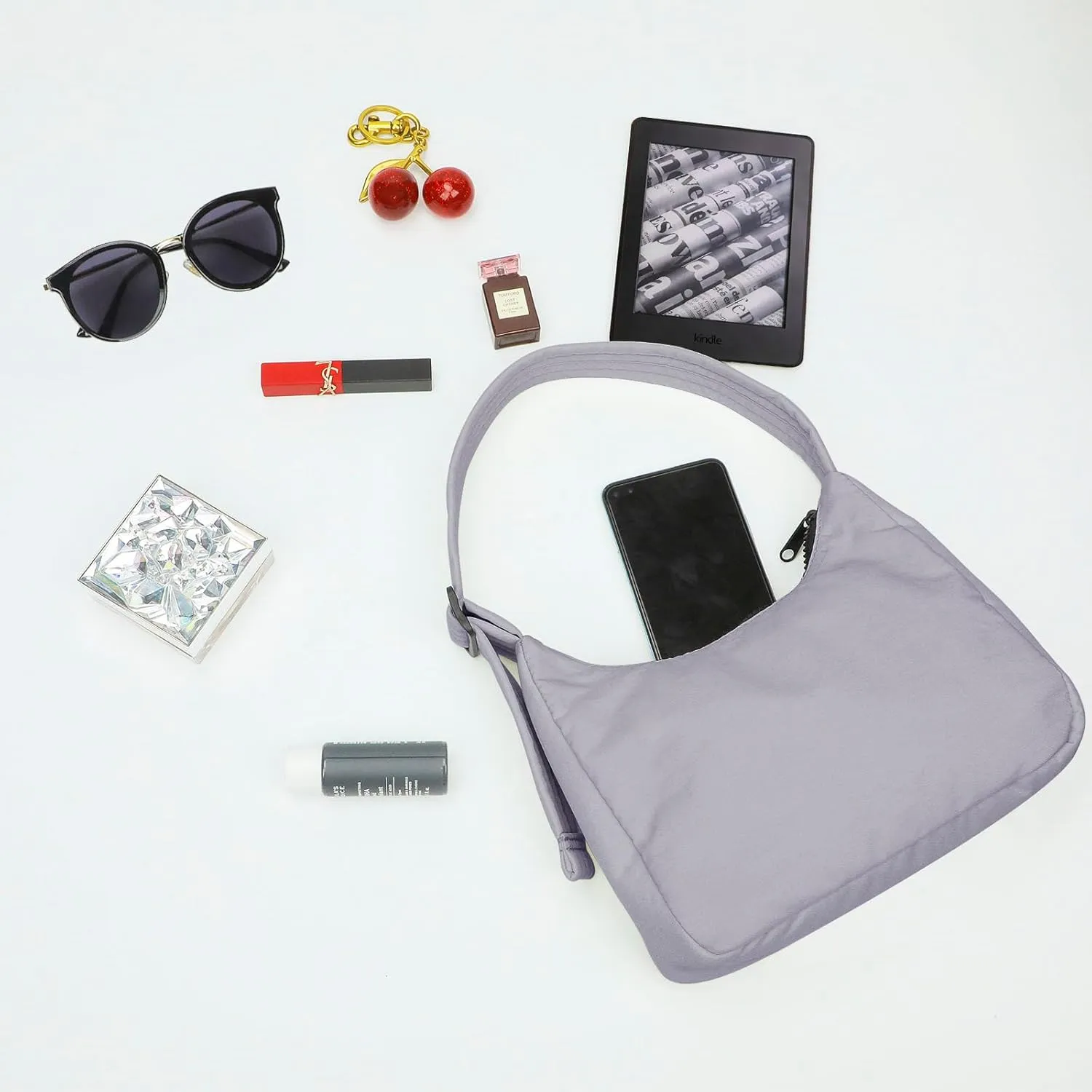 Nylon Shoulder Bag - Adjustable Quilted Strap, Structured Slouchy Design with Interior Zip Pocket