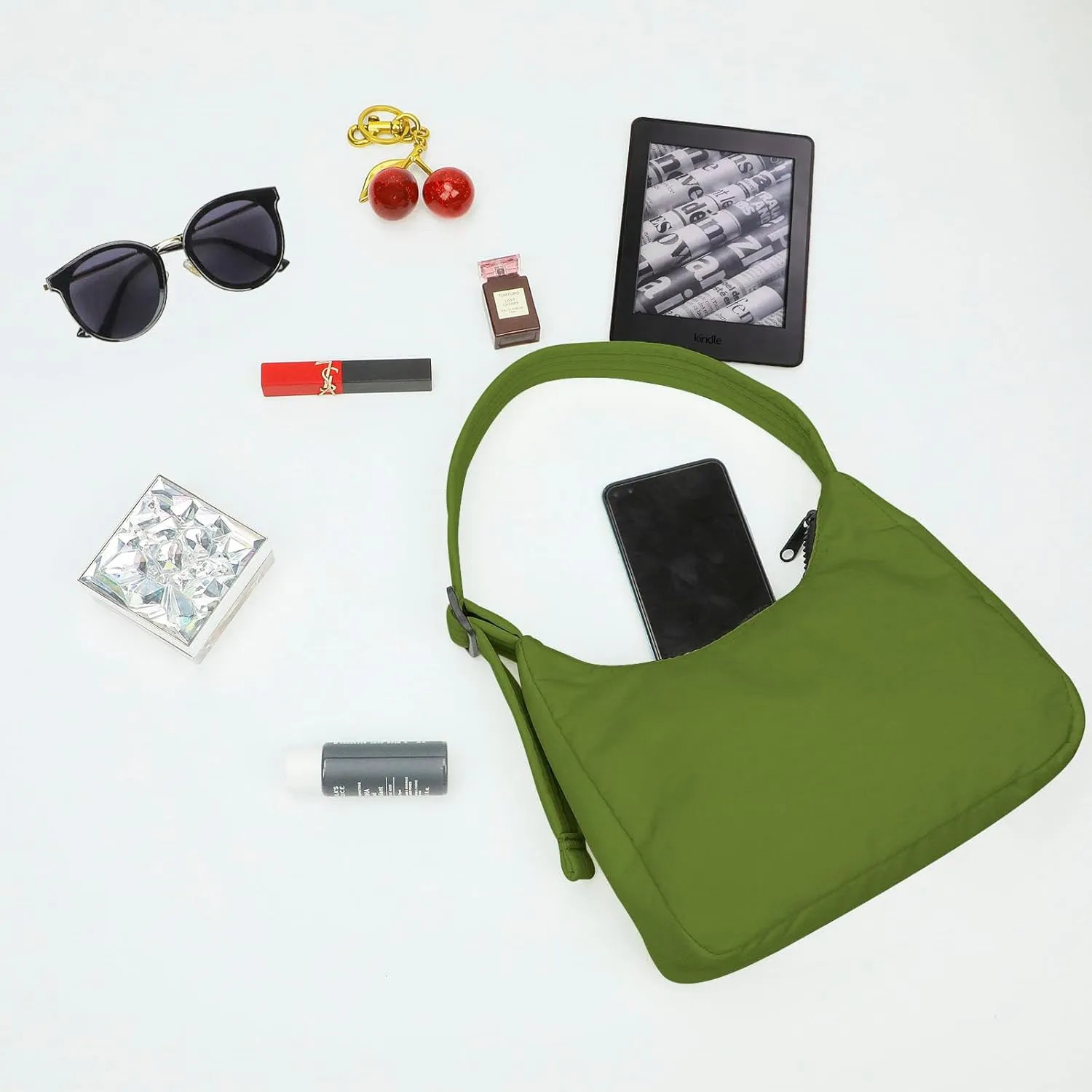 Nylon Shoulder Bag - Adjustable Quilted Strap, Structured Slouchy Design with Interior Zip Pocket