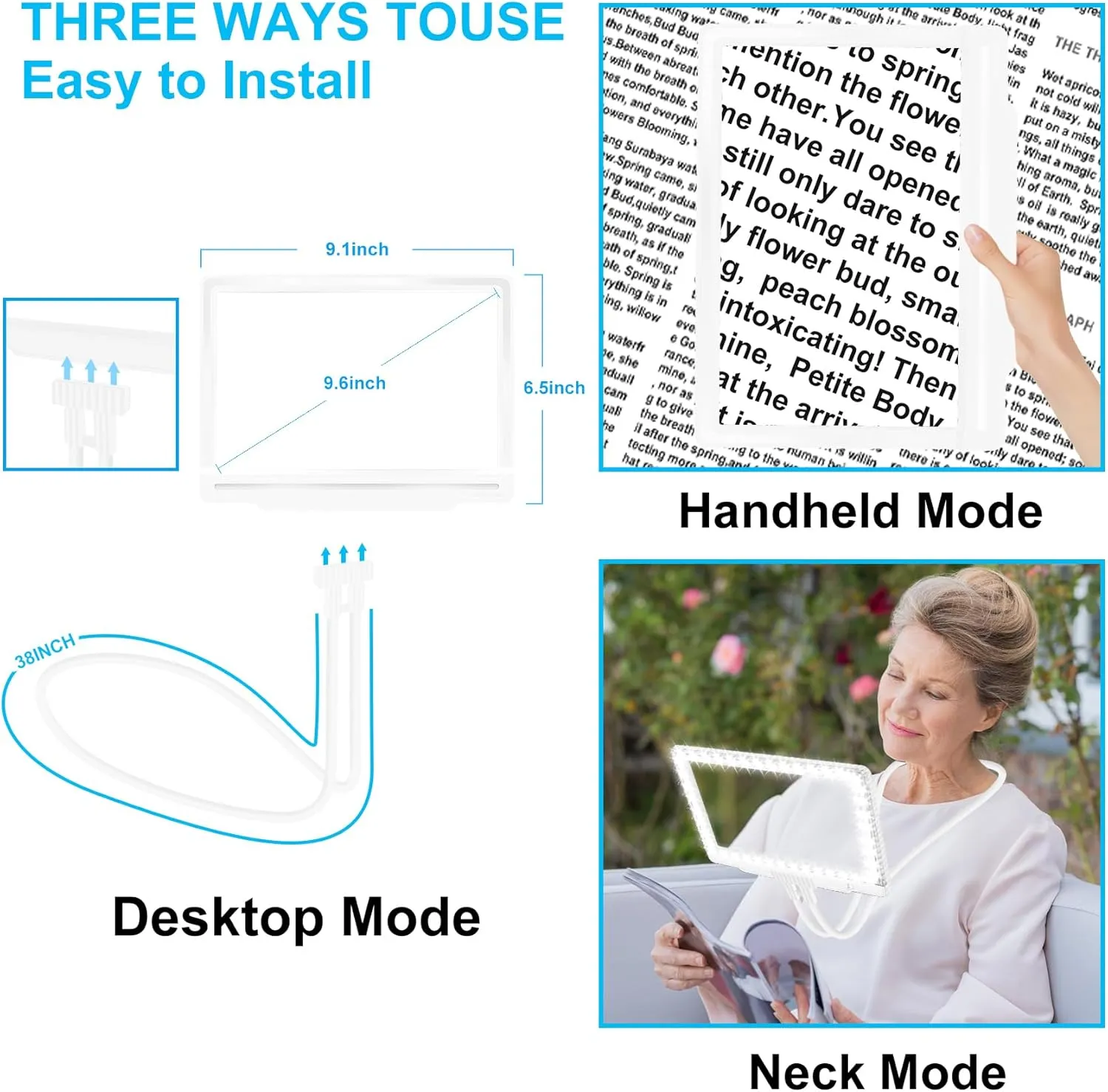NZQXJXZ 5X Hands Free Magnifying Glass with Light and Stand 43 Ultra-Bright LED, Lighted Magnifying Glass, Full Page Magnifier for Reading, Small Print, Senior, Low Vision