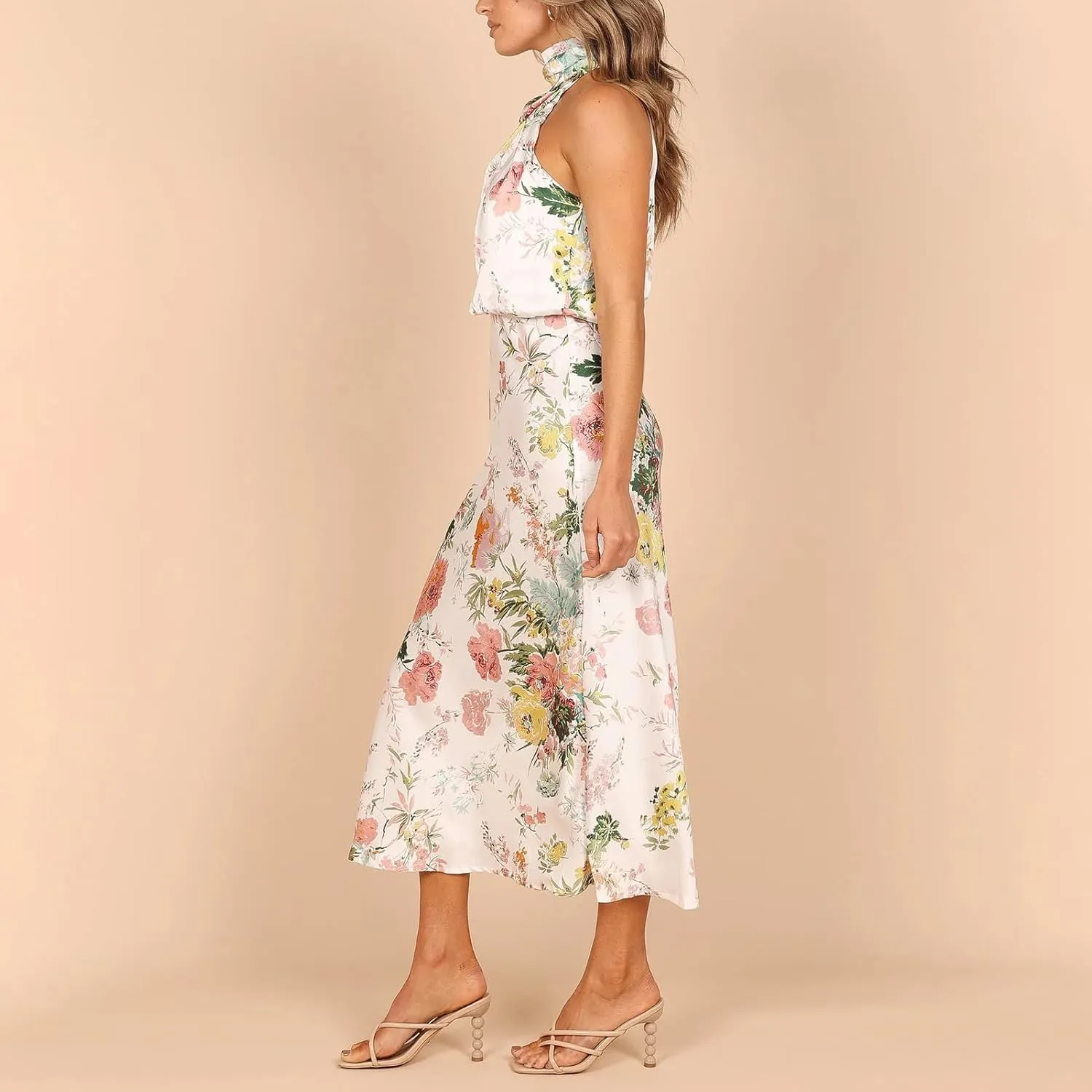 ODIZLI Women Halter Neck Satin Dresses Sleeveless Floral Print Cocktail Dress Elegant Party Gown Prom Summer Dresses