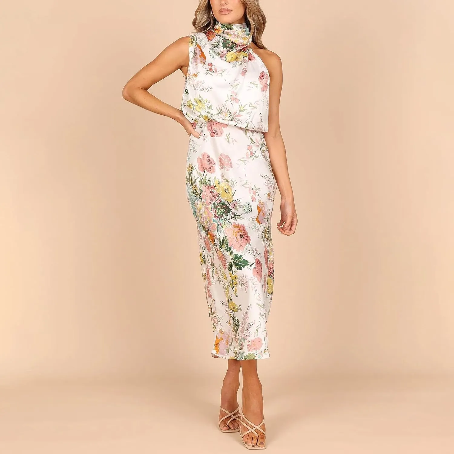 ODIZLI Women Halter Neck Satin Dresses Sleeveless Floral Print Cocktail Dress Elegant Party Gown Prom Summer Dresses
