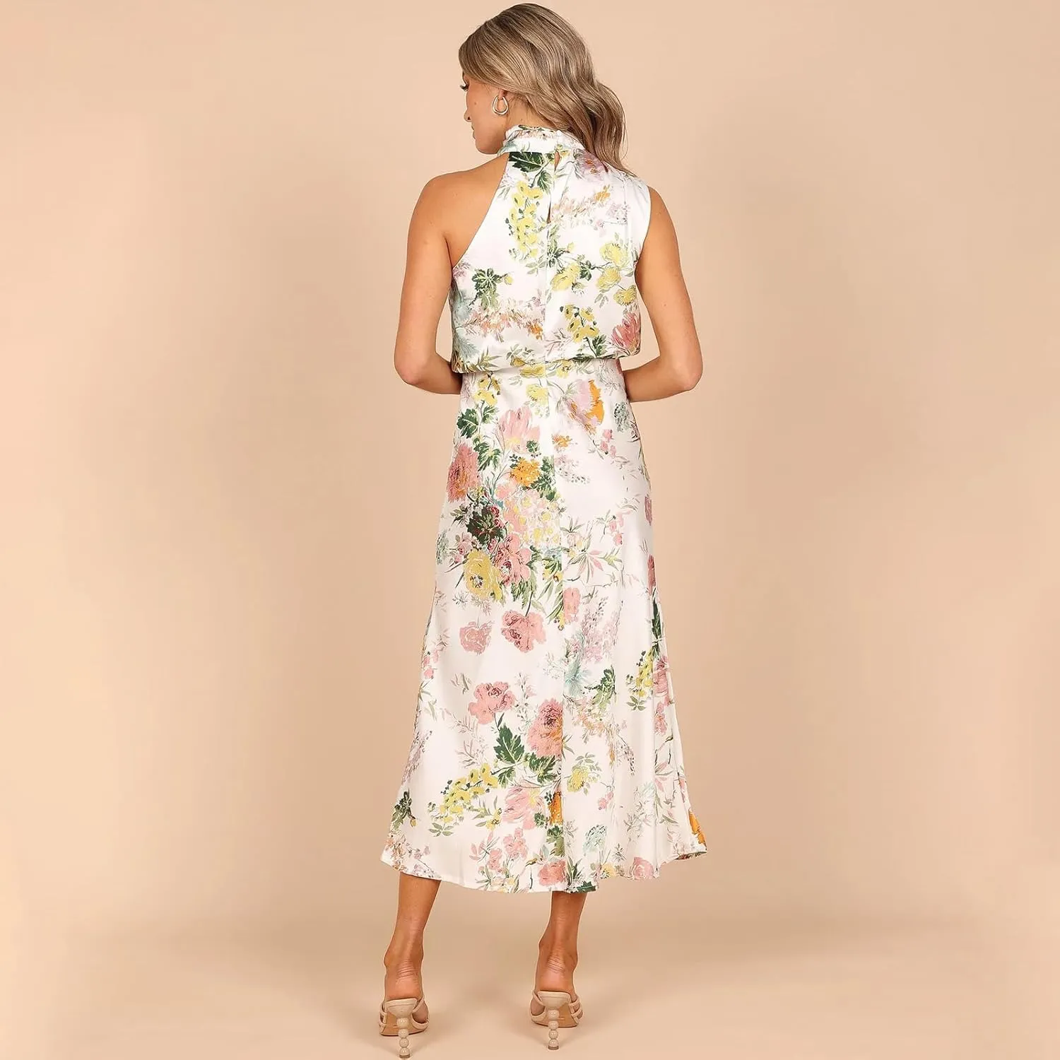ODIZLI Women Halter Neck Satin Dresses Sleeveless Floral Print Cocktail Dress Elegant Party Gown Prom Summer Dresses