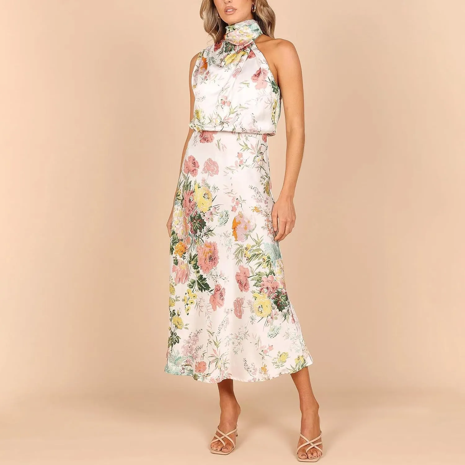 ODIZLI Women Halter Neck Satin Dresses Sleeveless Floral Print Cocktail Dress Elegant Party Gown Prom Summer Dresses