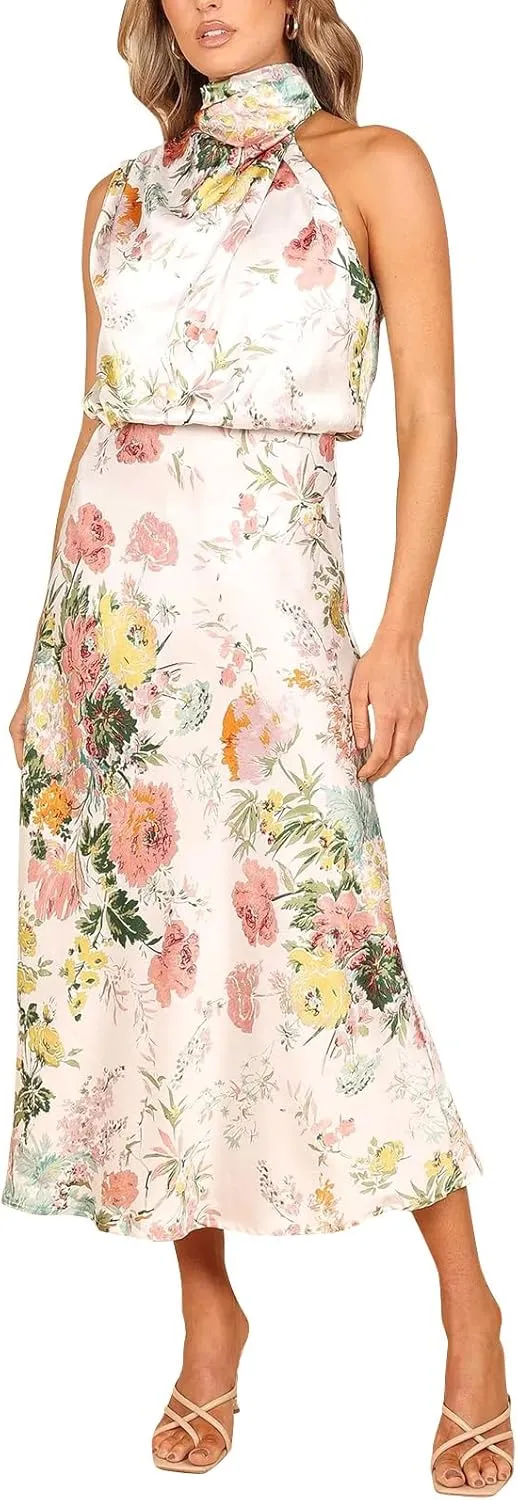 ODIZLI Women Halter Neck Satin Dresses Sleeveless Floral Print Cocktail Dress Elegant Party Gown Prom Summer Dresses