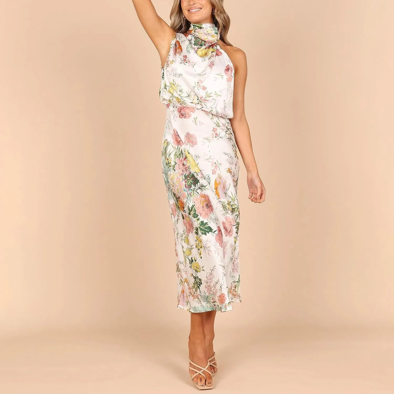 ODIZLI Women Halter Neck Satin Dresses Sleeveless Floral Print Cocktail Dress Elegant Party Gown Prom Summer Dresses