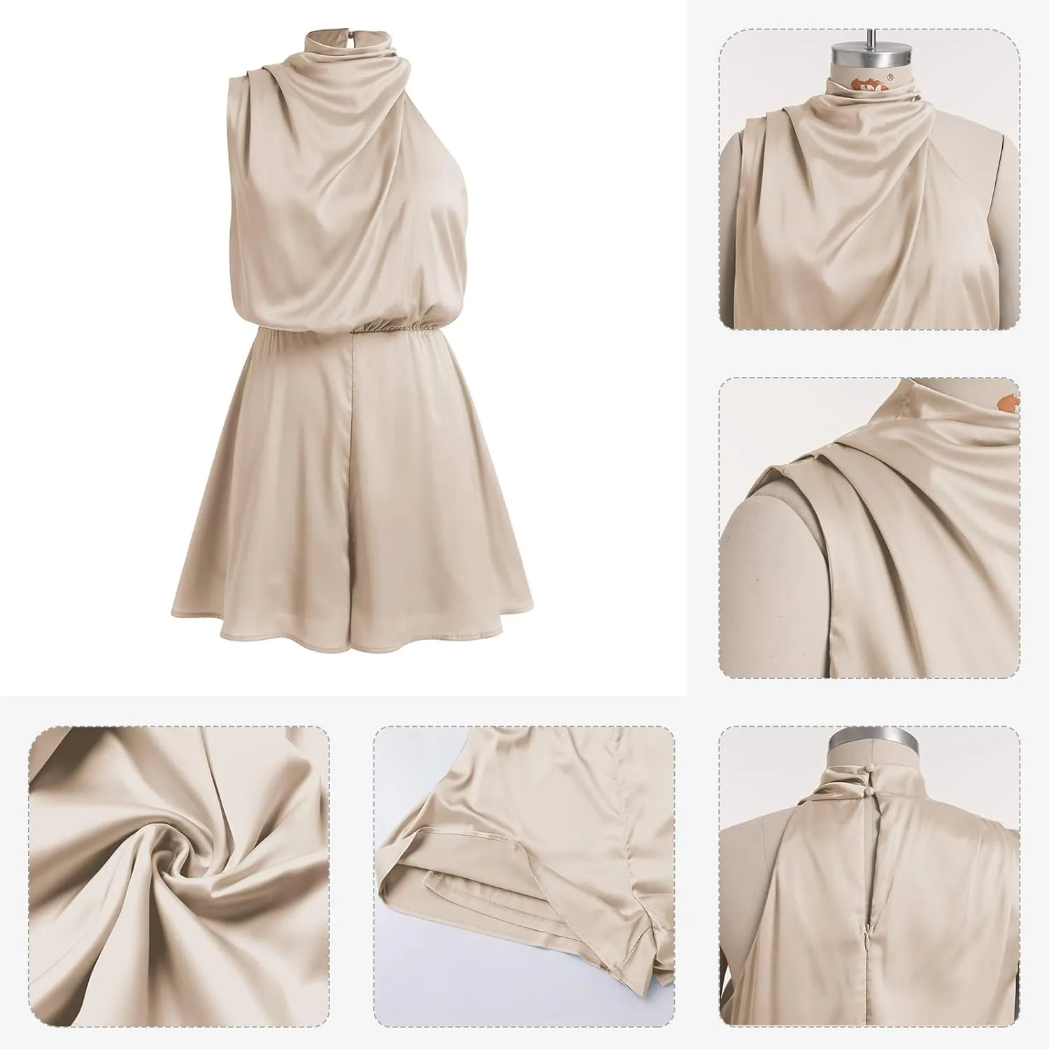 ODIZLI Women Mock Neck Satin Dresses Tie Waist Cocktail Dress Elegant Sleeveless Summer Dresses Above Knee Length