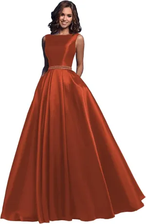 OFEECHUN Women's A Line Satin Prom Dresses Long Ball Gown Ruched Beaded Evening Formal Party Dress with Pockets
