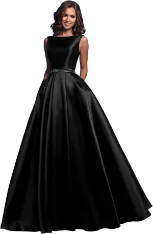 OFEECHUN Women's A Line Satin Prom Dresses Long Ball Gown Ruched Beaded Evening Formal Party Dress with Pockets