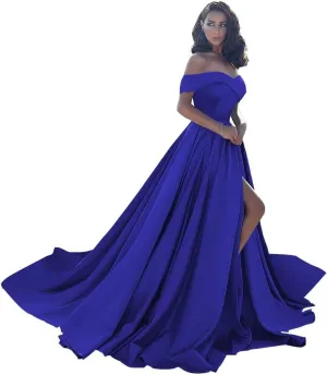 Off Shoulder Satin Prom Dresses Ball Gown Plus Size Formal Dresses for Women Wedding Dress with Slit
