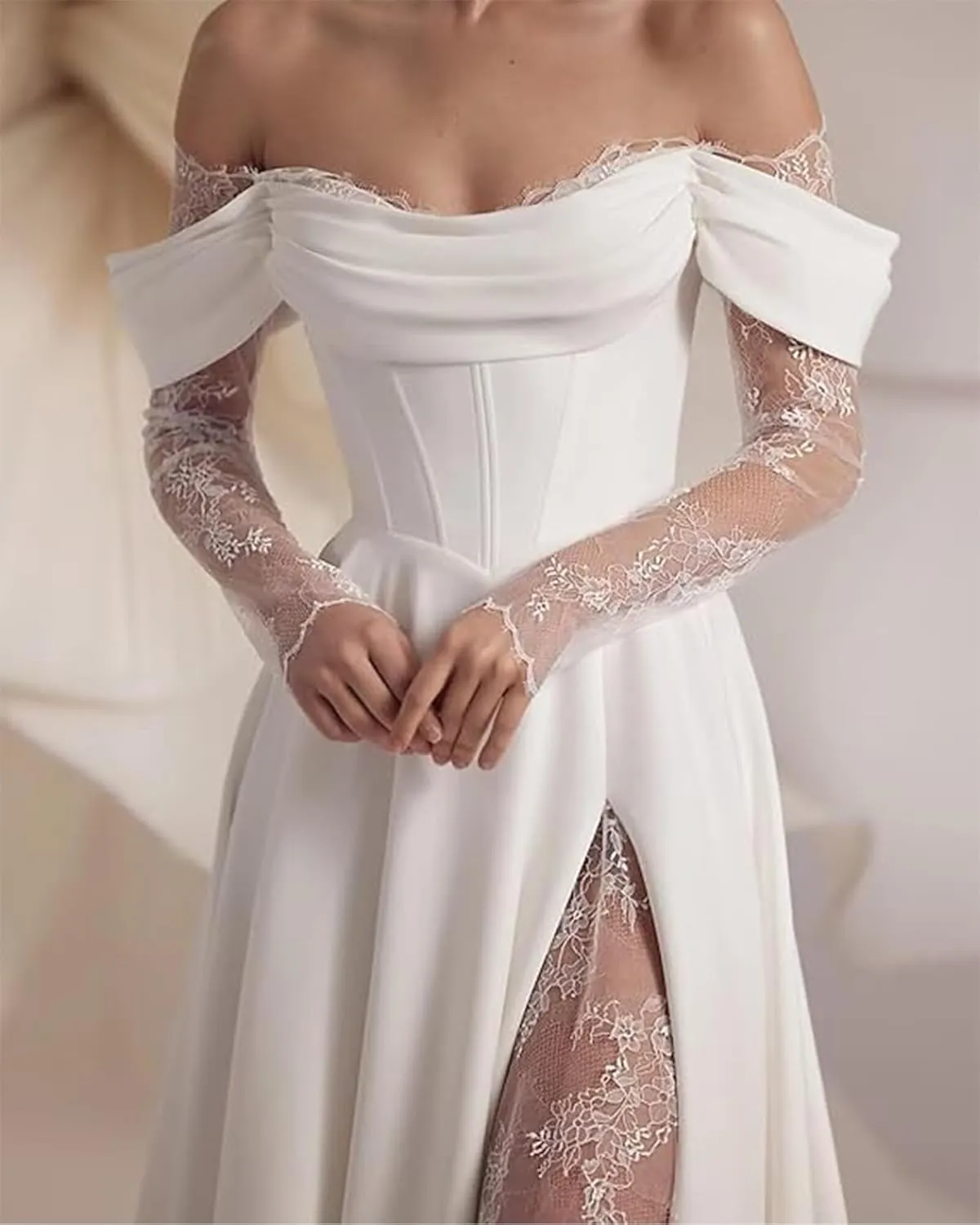 Off Shoulder Satin Wedding Dresses for Women Lace Long Sleeve Wedding Dresses for Bride Bridal Gowns with Side Slit