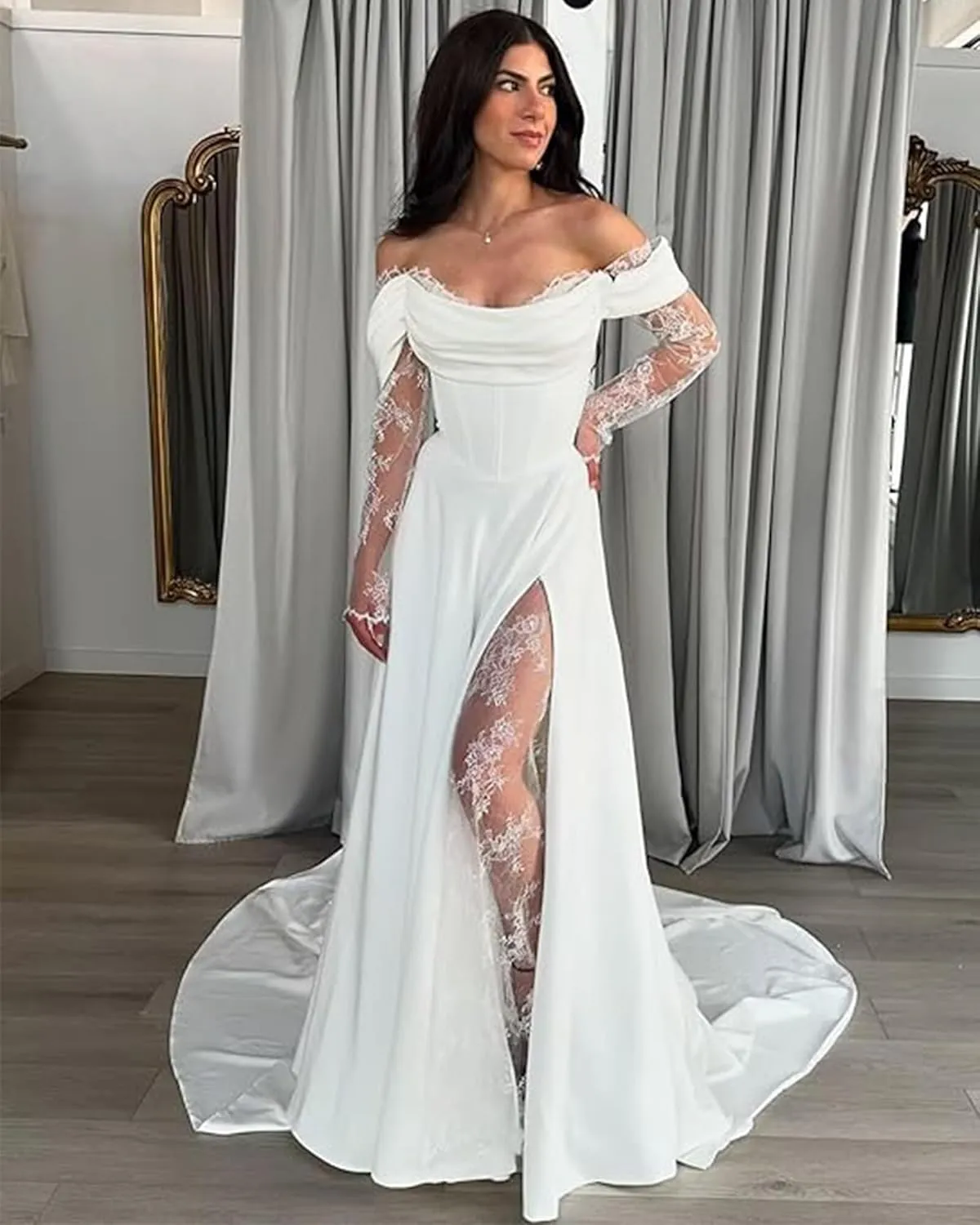 Off Shoulder Satin Wedding Dresses for Women Lace Long Sleeve Wedding Dresses for Bride Bridal Gowns with Side Slit