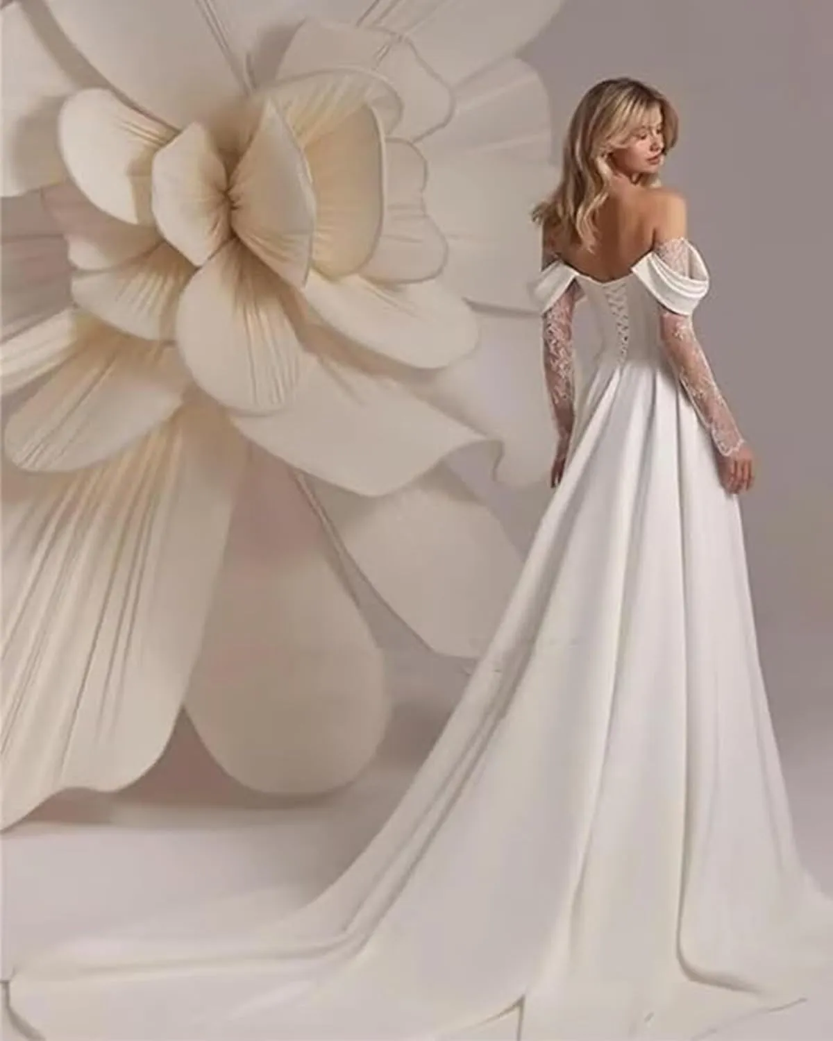 Off Shoulder Satin Wedding Dresses for Women Lace Long Sleeve Wedding Dresses for Bride Bridal Gowns with Side Slit
