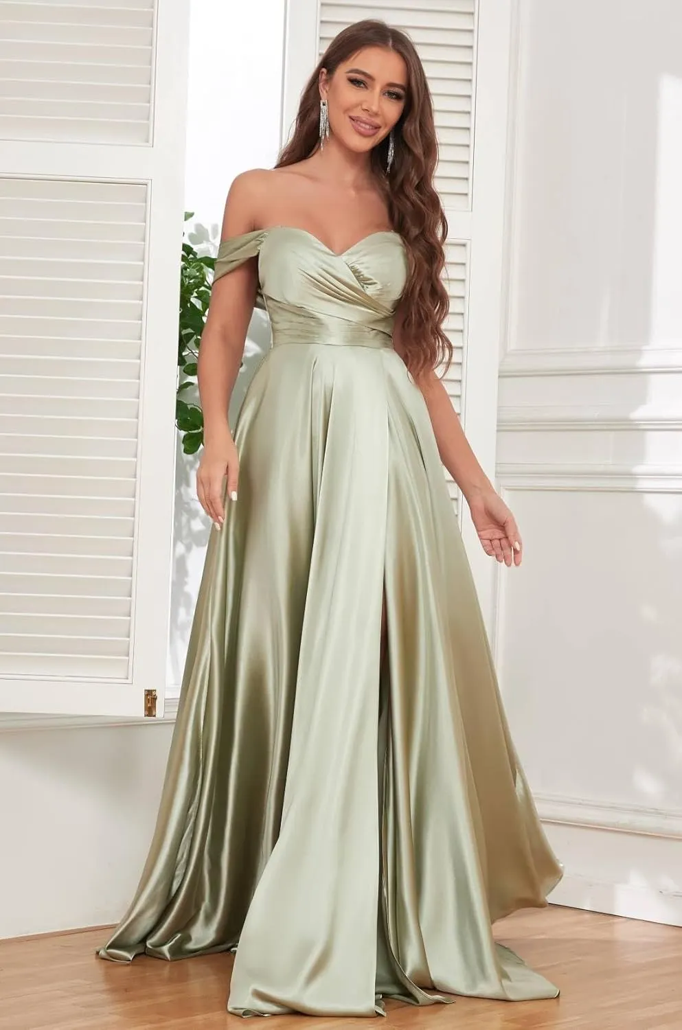 Off The Shoulder Bridesmaid Dresses for Women with Slit Satin Prom Dress Long Formal Gown