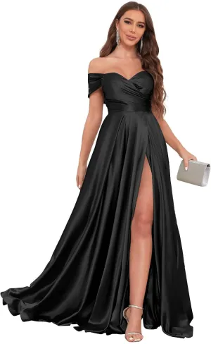 Off The Shoulder Bridesmaid Dresses for Women with Slit Satin Prom Dress Long Formal Gown