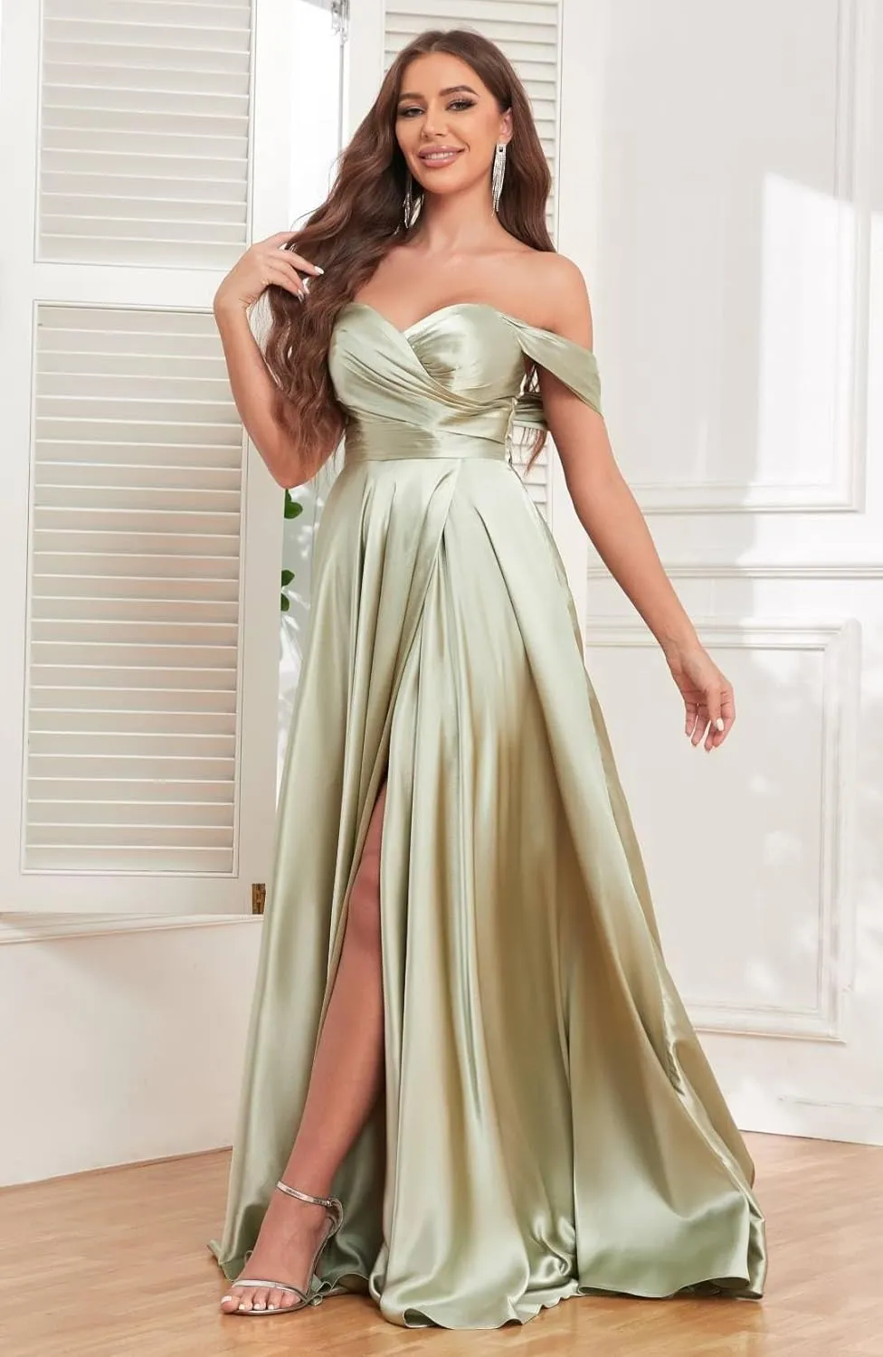 Off The Shoulder Bridesmaid Dresses for Women with Slit Satin Prom Dress Long Formal Gown