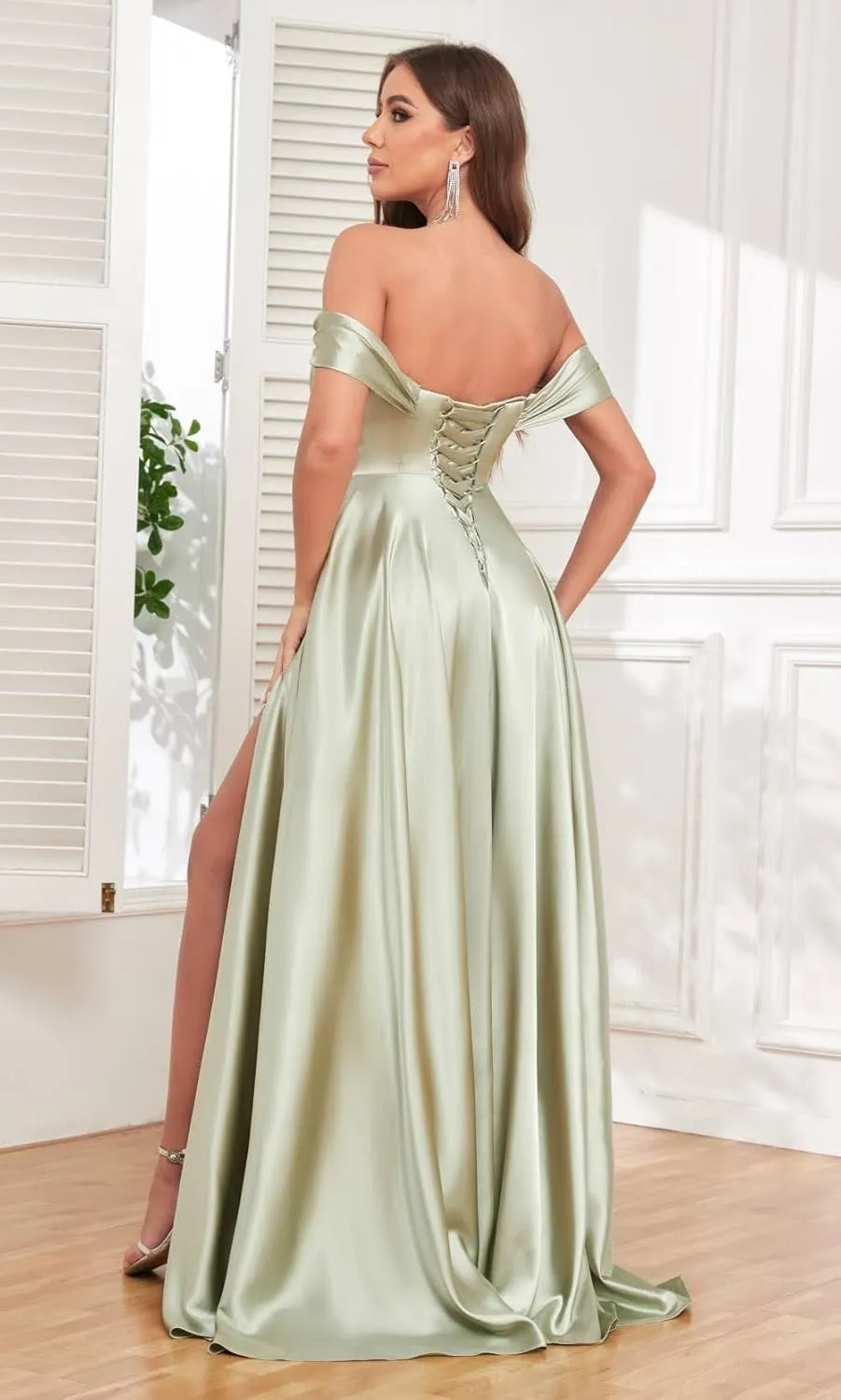 Off The Shoulder Bridesmaid Dresses for Women with Slit Satin Prom Dress Long Formal Gown