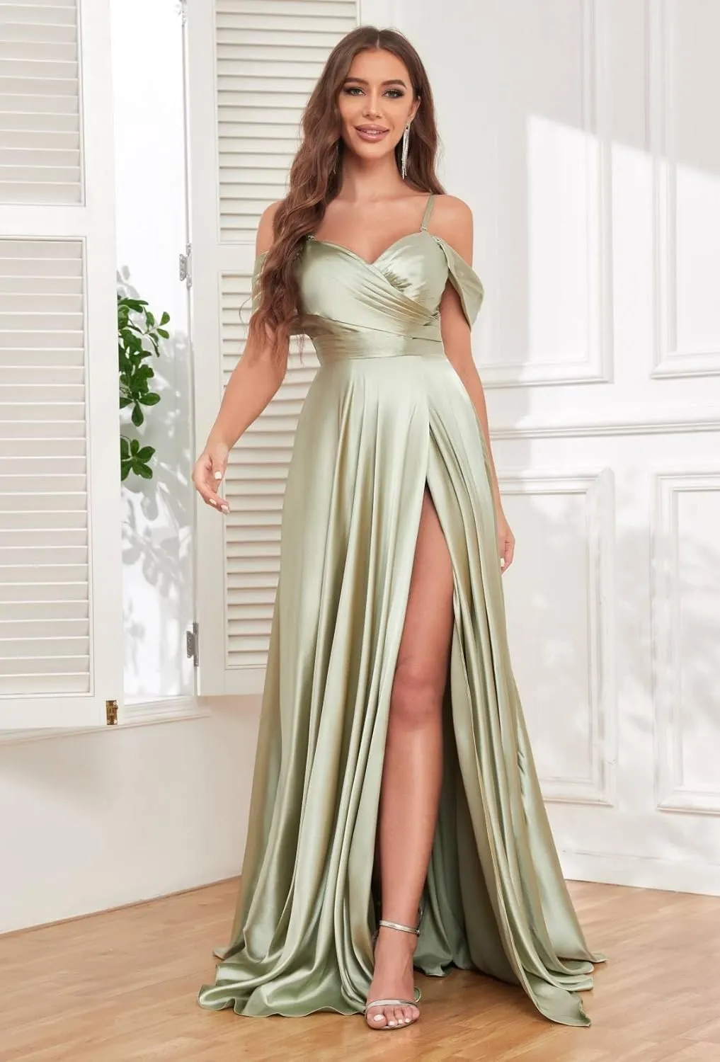 Off The Shoulder Bridesmaid Dresses for Women with Slit Satin Prom Dress Long Formal Gown
