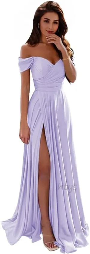Off The Shoulder Bridesmaid Dresses Satin Prom Dress A Line Split Evening Party Dress for Women HS011