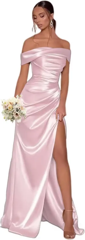 Off The Shoulder Bridesmaid Dresses with Split Satin Pleated Mermaid Long Bridesmaid Dress TM30