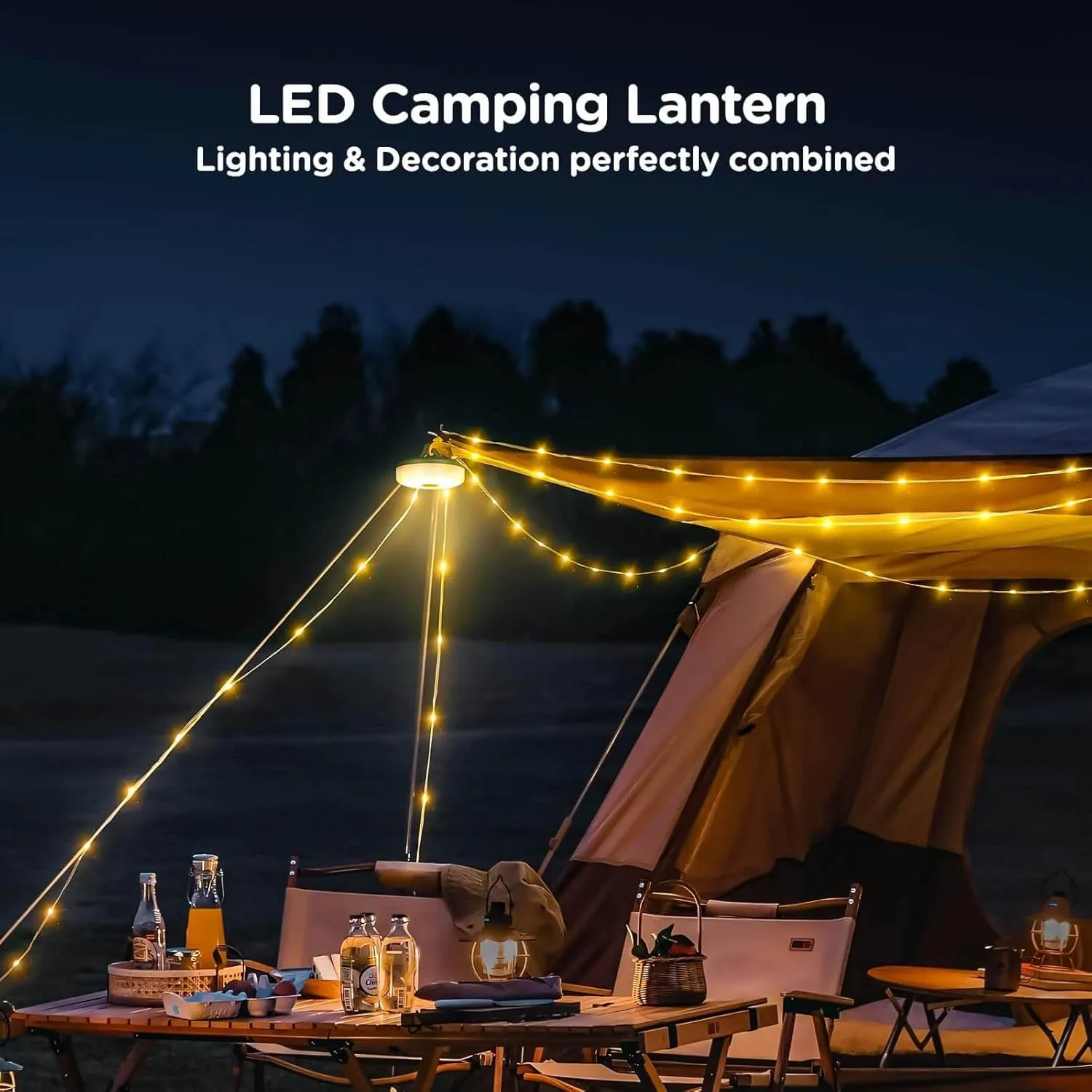 OGERY 2-Pack Camping String Lights, 4 in 1 Quick Storage 32.8FT Rechargeable Tent Lights String with 8 Lighting Modes, Hanging Waterproof Portable LED Lamp for Outdoor Patio Awning Party Essentials