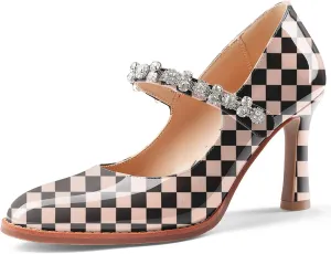 Oh Mispares Pointed Toe Heels for Women Mary Jane Stiletto Pumps Patent Leather Rhinestone Strap 3.5 Inch Dress Shoes for Wedding Party Prom