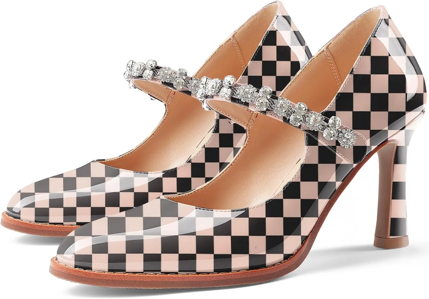 Oh Mispares Pointed Toe Heels for Women Mary Jane Stiletto Pumps Patent Leather Rhinestone Strap 3.5 Inch Dress Shoes for Wedding Party Prom